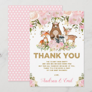Girl Woodland Baby Shower Pink Gold Thank You Card