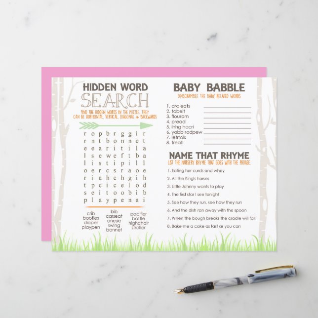 Girl Woodland Baby Shower Placemat Activity Sheet (Front/Back In Situ)