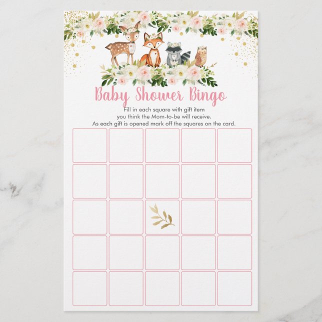 Girl Woodland Blush Floral Baby Shower Bingo Game (Front)