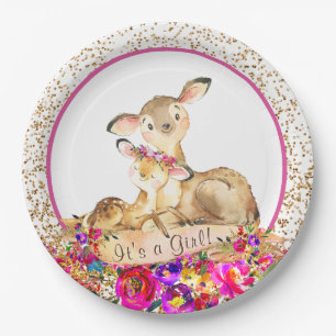 Girl Woodland Deer Baby Shower Paper Plates