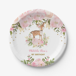 Girl Woodland Deer Pink Floral Forest Doe Birthday Paper Plate