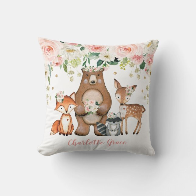Girl Woodland Forest Animals Blush Floral Nursery Cushion (Front)