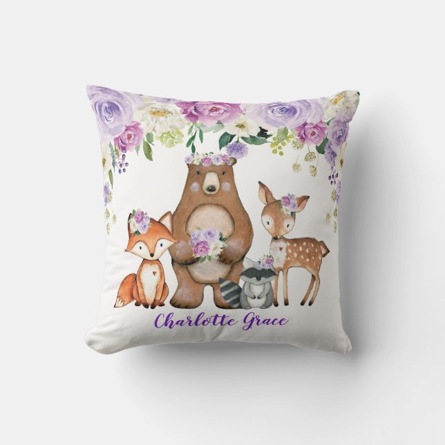 Girl Woodland Forest Animals Purple Floral Nursery Cushion (Front)