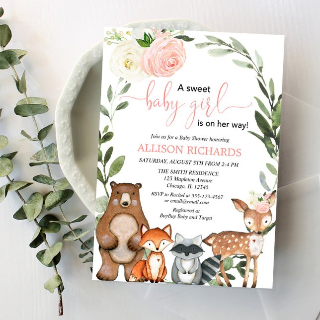 Girl woodland greenery blush floral baby shower invitation (Creator Uploaded)