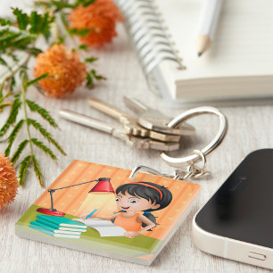 Girl Working At A Desk Keychain
