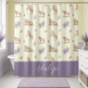 Girl Yellow Purple Horse Floral Pattern Monogram Shower Curtain