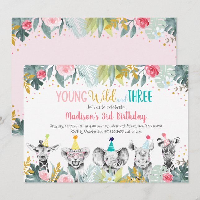 Girl Young Wild And Three Party Animal Birthday Invitation (Front/Back)