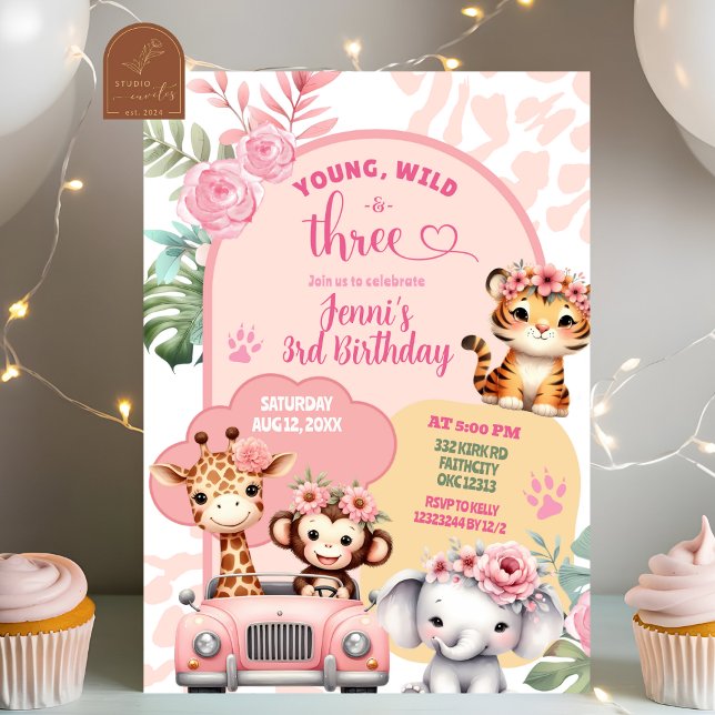 Girl Young Wild and Three Safari Animals Birthday  Invitation (Creator Uploaded)