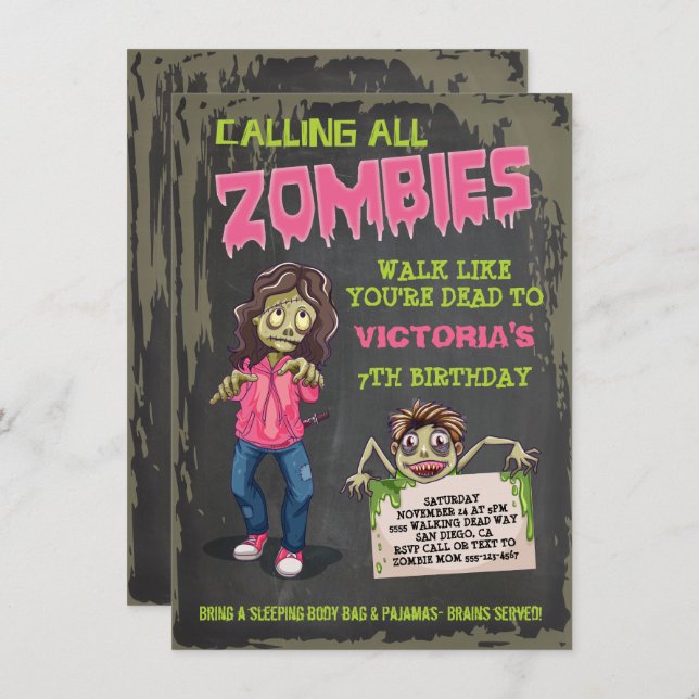 Girl Zombie Birthday Party Invitations (Front/Back)