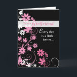 Girlfriend Birthday Card, Pink, Black, Swirls Card<br><div class="desc">Wish your girlfriend a happy birthday,  and let her know how important she is in your life. This bright and beautiful flowers and swirls decorate the front of this striking card that she will love! Fully designed on the inside,  and fully customizable!</div>