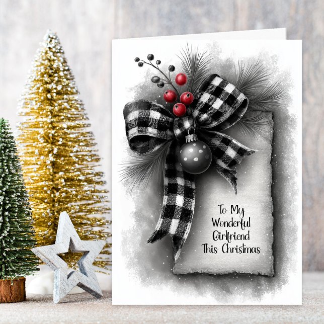 Girlfriend Buffalo Plaid Bow Christmas Holiday Card (Creator Uploaded)