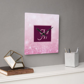Girlie Pink Feminine Glitter Abstract gradient  Square Wall Clock