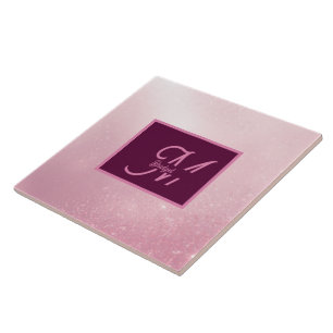 Girlie Pink Feminine Soft Sparkle Ombre monogram Tile