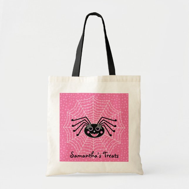 Girlie Spider on Web Personalised Halloween Treat Tote Bag (Front)
