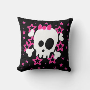 Girlie White Skull Black Throw Pillow