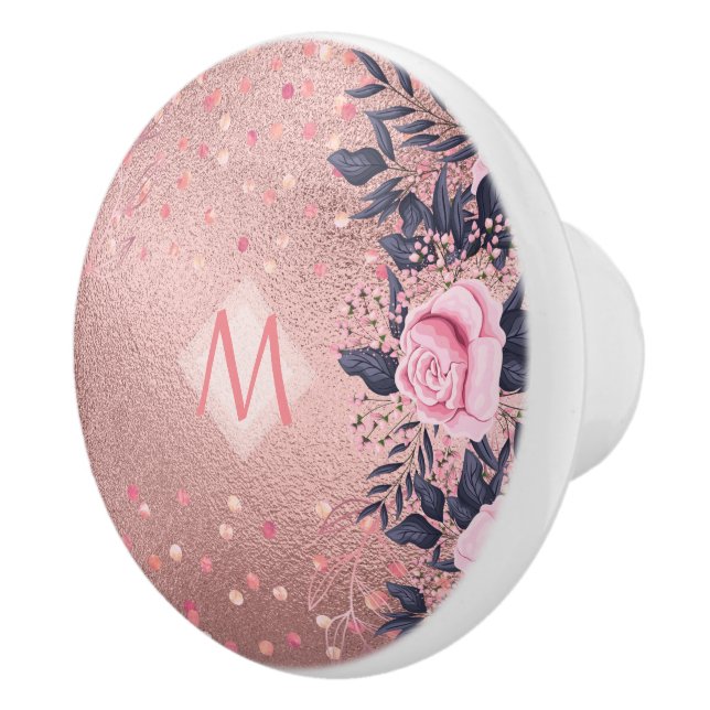 Girliest Ever ROSEGOLD Blue Pink Floral MONOGRAM Ceramic Knob (Right)