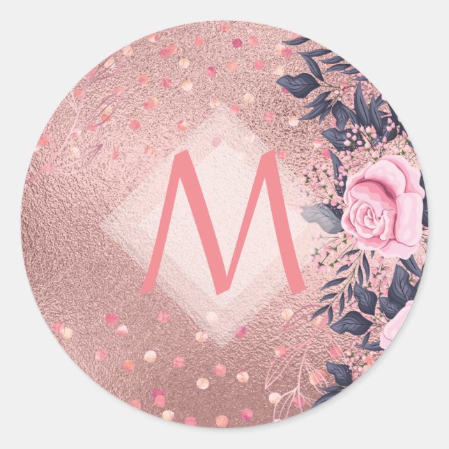 Girliest Ever ROSEGOLD Blue Pink Floral MONOGRAM Classic Round Sticker (Front)