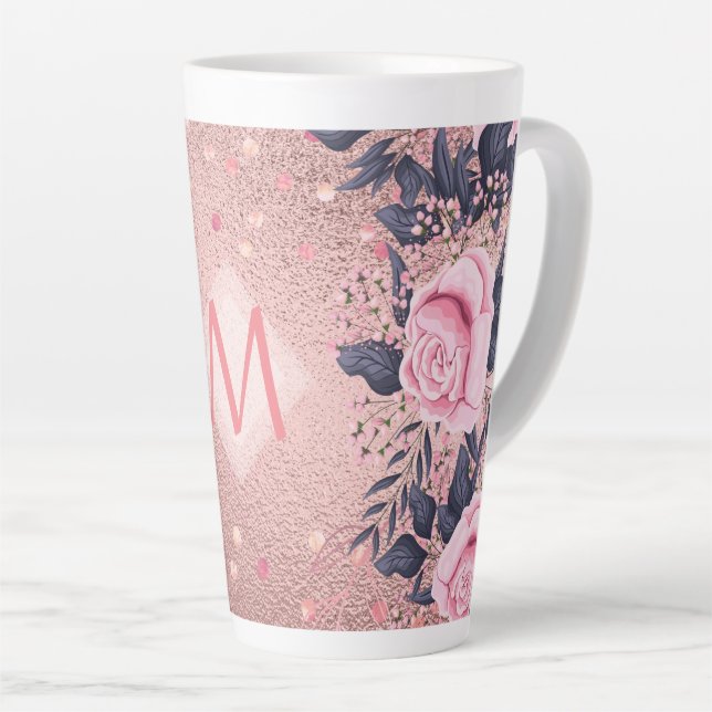 Girliest Ever ROSEGOLD Blue Pink Floral MONOGRAM Latte Mug (Right Angle)