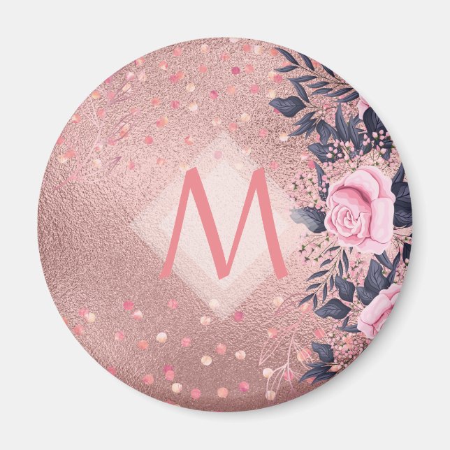 Girliest Ever ROSEGOLD Blue Pink Floral MONOGRAM Magnet (Front)