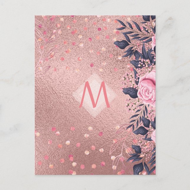 Girliest Ever ROSEGOLD Blue Pink Floral MONOGRAM Postcard (Front)