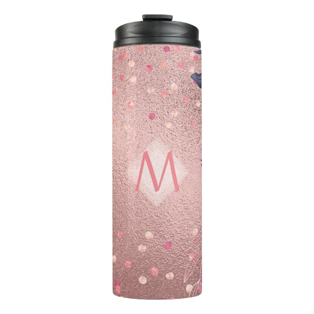Girliest Ever ROSEGOLD Blue Pink Floral MONOGRAM Thermal Tumbler (Front)