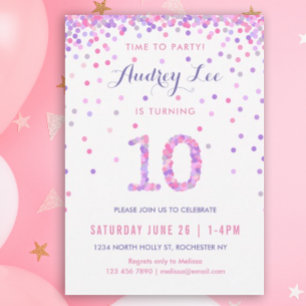 Girls 10th Birthday Tenth Birthday Confetti Party Invitation