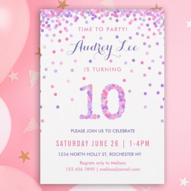 Girls 10th Birthday Tenth Birthday Confetti Party Invitation (Pink and purple confetti invitation for your 10 year old's birthday)