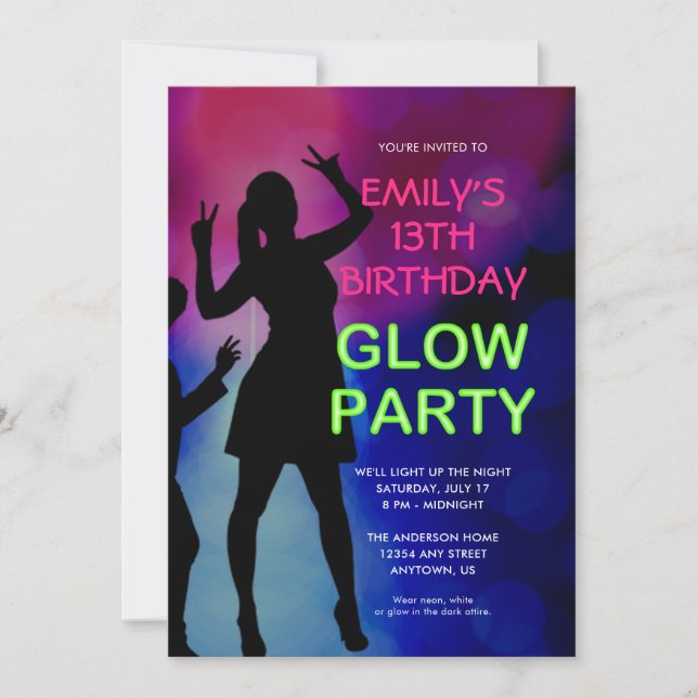 Girl's 13th Birthday Glow Party Invitation (Front)