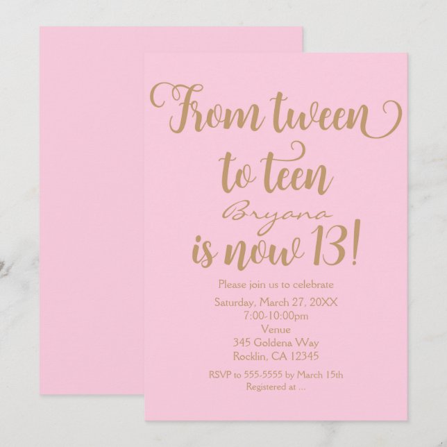 Girls 13th Birthday Party Pink & Gold Invitations (Front/Back)