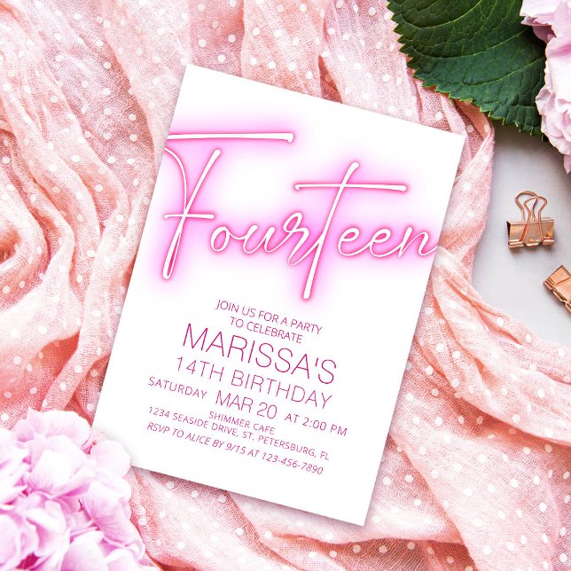 Girls 14th Neon Teen Birthday Invitation (Creator Uploaded)