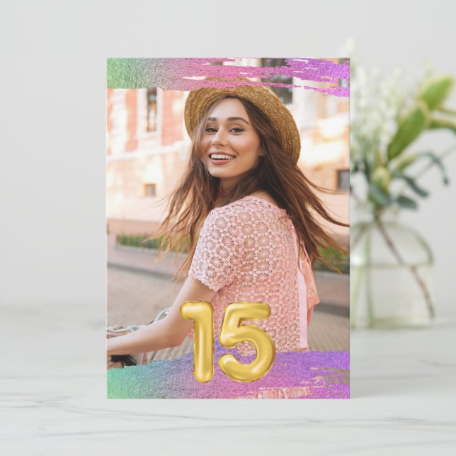 Girls 15th Fifteen Balloon Photo Birthday Party Invitation (Standing Front)