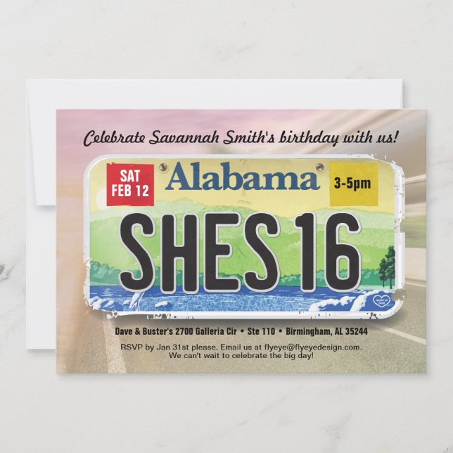 Girl's 16th Bday Alabama License Invitation (Front)