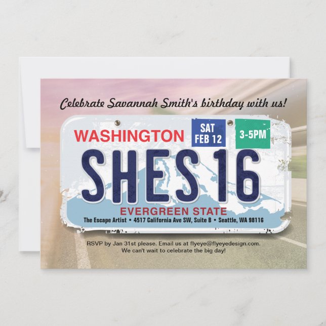 Girl's 16th Birthday Washington License Invitation (Front)