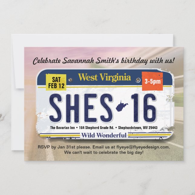 Girl's 16th Birthday West Virginia License Invite (Front)