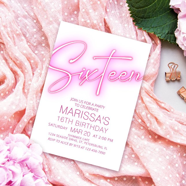 Girls 16th Neon Teen Birthday Invitation (Creator Uploaded)