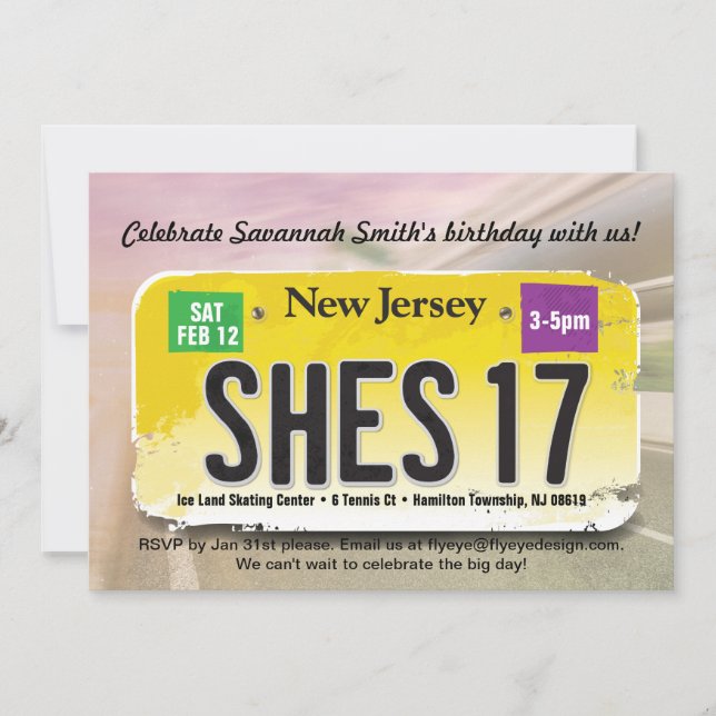 Girl's 17th Birthday New Jersey License Invitation (Front)
