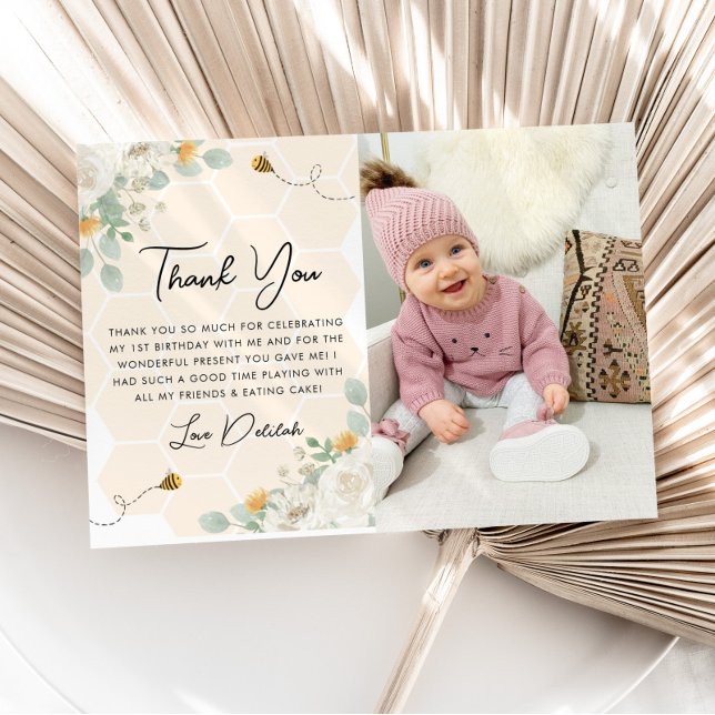 Girls 1st Birthday Bee Day Photo Thank You Card (Creator Uploaded)