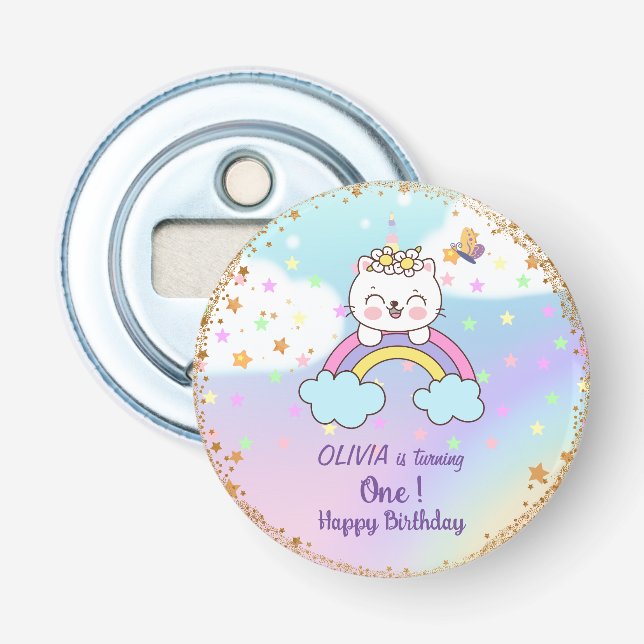 Girl's 1st Birthday Cute Unicorn Cat Rainbow Stars Bottle Opener (Front)