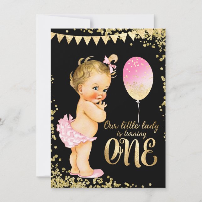 Girls 1st Birthday Gold Foil Glitter Invitation (Front)