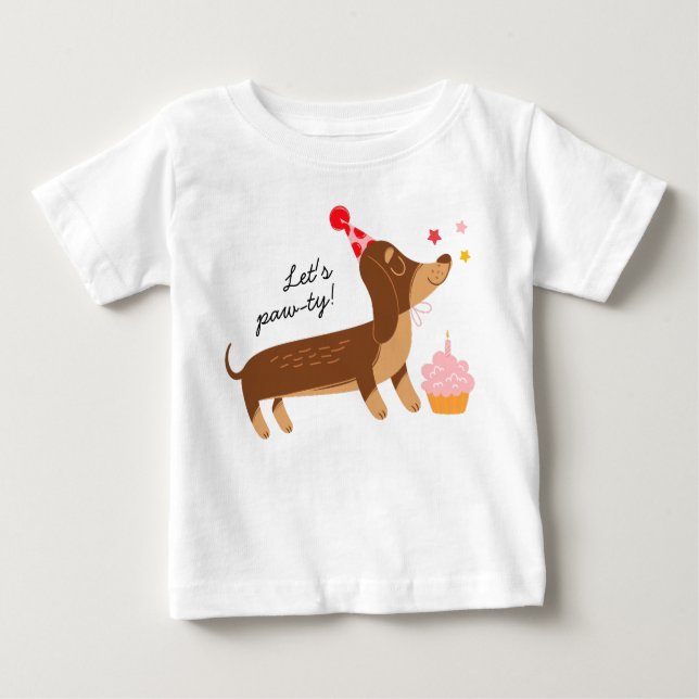 Girl's 1st Birthday Let's Pawty Cute Party Dog Baby T-Shirt (Front)