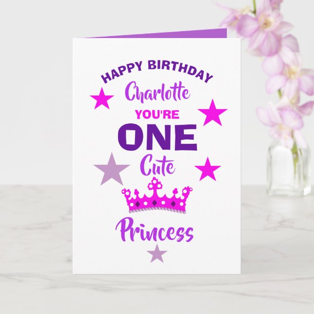 Girls 1st Birthday One Cute Princess Personalised Card (Orchid)