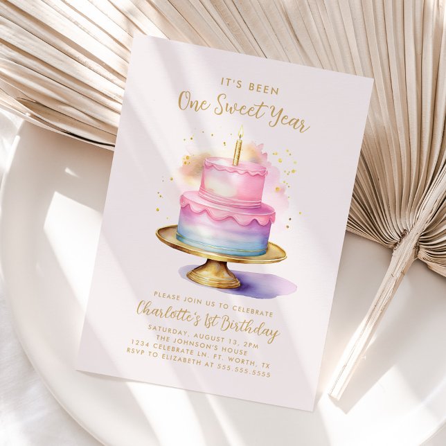 Girl's 1st Birthday Party Cake Invitation (Creator Uploaded)
