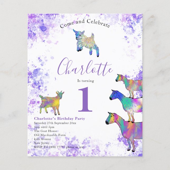 Girls 1st Birthday Party Goats Purple Budget Flyer (Front)