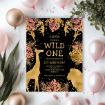 Girls 1st Birthday Party Pink Gold Black Safari Postcard<br><div class="desc">This "wild one" jungle safari themed girl's first birthday party invitation postcard features gold faux foil animals (giraffe, lion and monkeys), gold and pink jungle foliage, and a sprinkling of gold confetti on a black background. Add the name of the birthday girl and party details in gold text and your...</div>