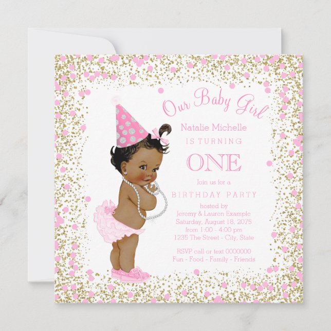 Girls 1st Birthday Party Pink Gold Glitter Ethnic Invitation (Front)