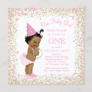 Girls 1st Birthday Party Pink Gold Glitter Ethnic Invitation