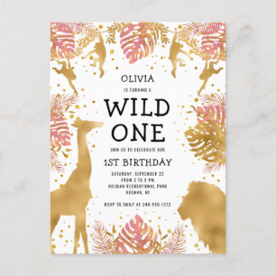 Girls 1st Birthday Party Pink Gold Safari Invitation Postcard