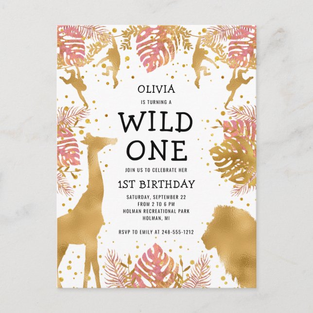 Girls 1st Birthday Party Pink Gold Safari Invitation Postcard (Front)