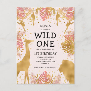 Girls 1st Birthday Party Pink Jungle Safari Invitation Postcard