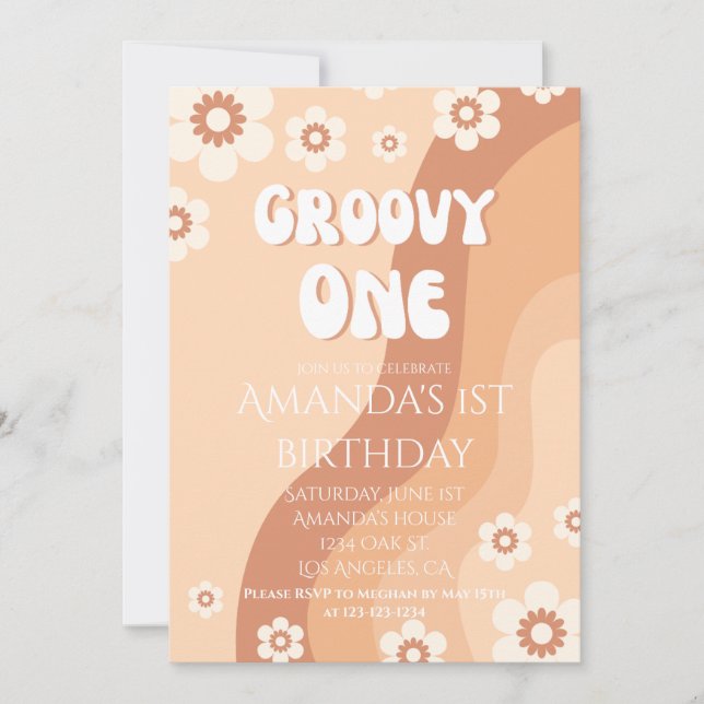 Girls 1st Birthday Party Retro Neutral Groovy One  Invitation (Front)